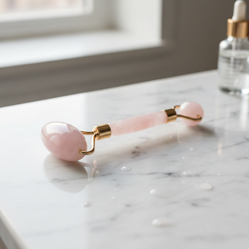 Rose quartz facial roller on white marble surface