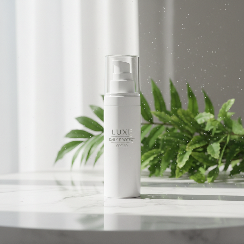 Premium daily moisturizer with SPF in white pump bottle on marble surface