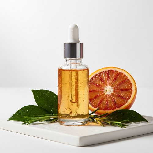 Vitamin C serum bottle with dropper on white marble surface with orange slice