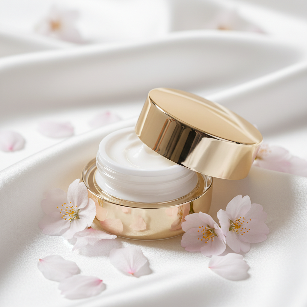 Luxurious eye cream jar with gold lid on white surface with flower petals